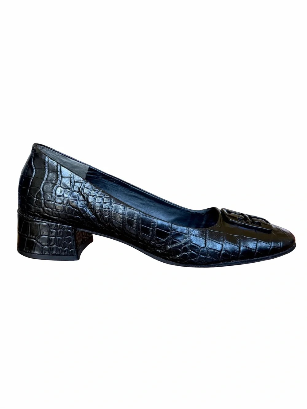 Tory Burch Georgia Black Croc Embossed Leather Block Heel Pumps 9.5